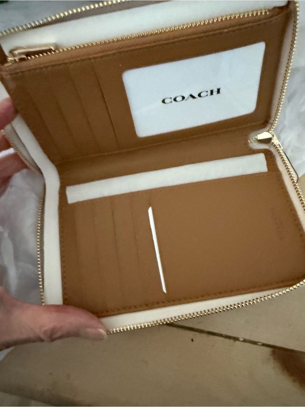 Coach Zip-Around Leather Wallet in (Color: light denim chalk) with Cream Trim.